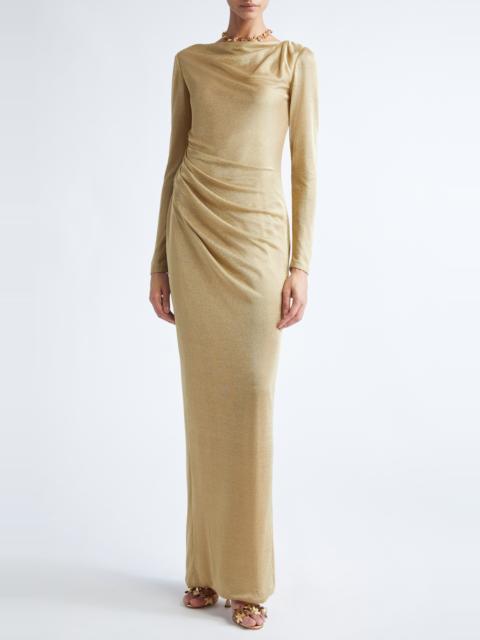 Oscar de la Renta Oscar de la Renta Draped Long Sleeve Metallic Jersey Gown in Gold at Nordstrom