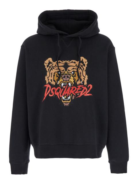 DSQUARED2 Dsquared2 Men Black Hoodie With Drawstring Hood And Maxi Logo Print On The Front In Cotton Man