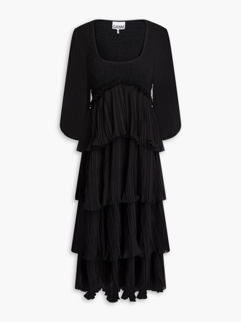 GANNI Tiered plissé-georgette midi dress