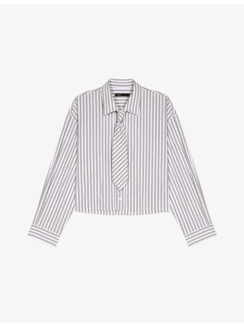 maje Rhinestone-Embellished Tie-Neck Stretch-Cotton Shirt
