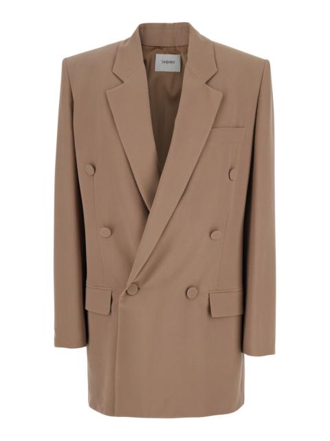 Saint Laurent Women Beige Double Breasted Jacket With Classic Lapels In Silk Woman