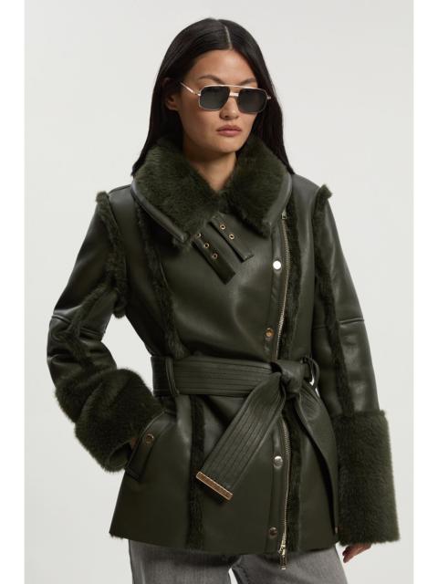 KAREN MILLEN Faux Fur High Neck Belted Biker Coat