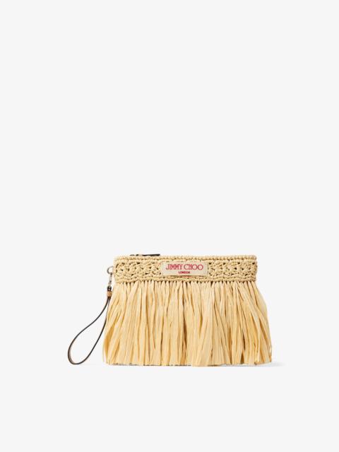 JIMMY CHOO Zipped Flat Pouch
Natural and Light Gold Woven Raffia Zipped Pouch with Fringes
