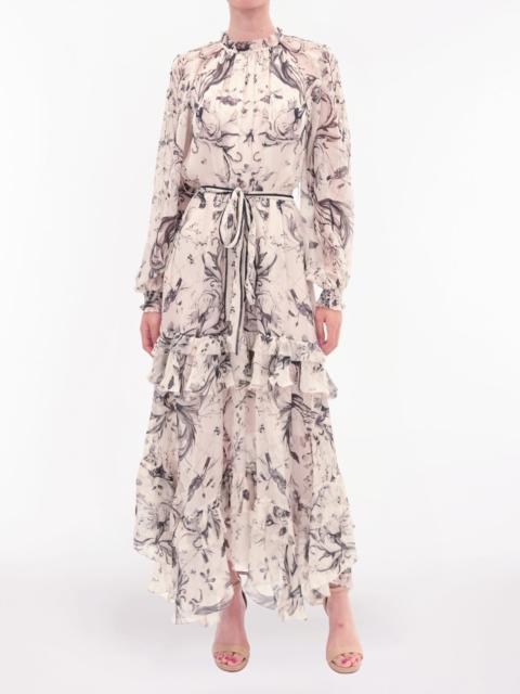 Marchesa RUFFLE SILK CHIFFON MAXI DRESS