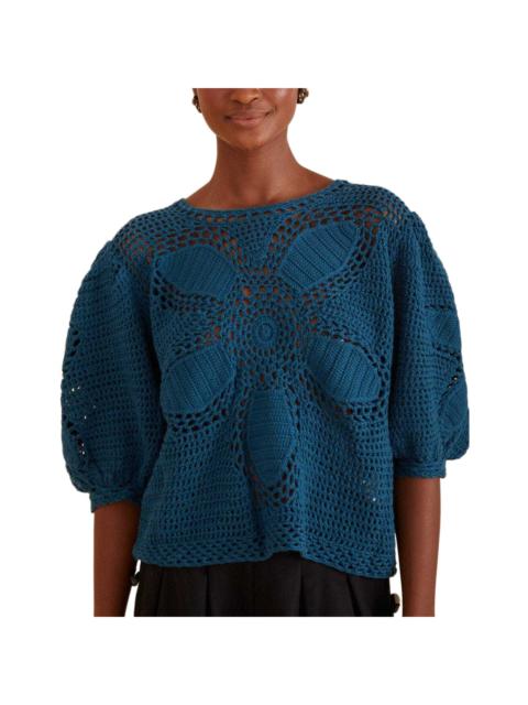 FARM RIO FARM Rio Teal Flower Draw Crochet Blouse