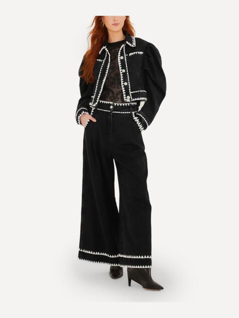 FARM RIO Black Romantic Crochet Embroidery Puff-Sleeve Denim Jacket