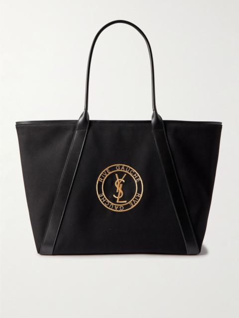 SAINT LAURENT Leather-Trimmed Logo-Embroidered Cotton-Gabardine Tote Bag Black
