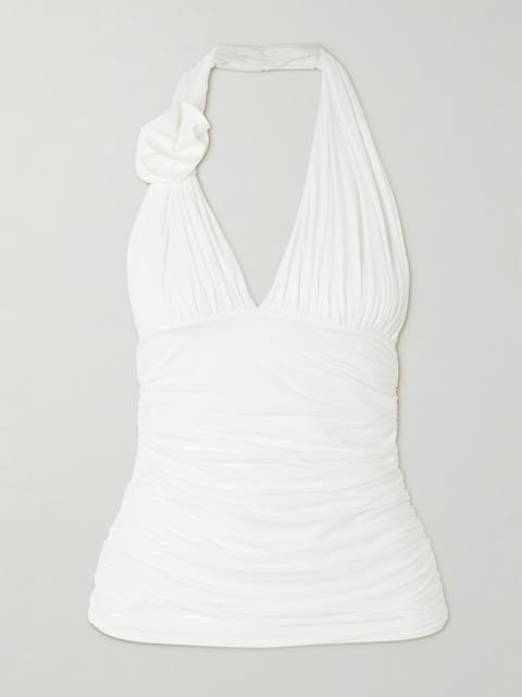 MAYGEL CORONEL Galini Appliquéd Ruched Stretch-jersey Halterneck Top