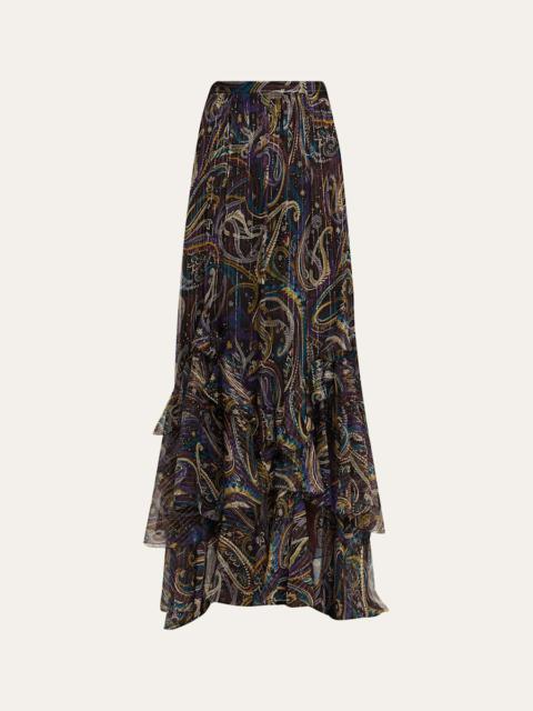 Etro Metallic Paisley Tiered Ruffle Maxi Skirt