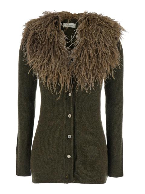 Blumarine Blumarine Women Green Cardigan With Removable Feather Collar In Wool Woman
