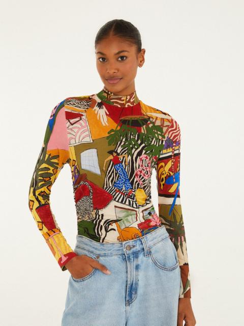 FARM RIO Multicolor Tropical Long Sleeve Turtleneck Blouse