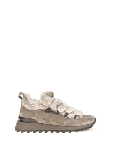 Brunello Cucinelli Brunello Cucinelli Women Suede And Tech Cotton Sneakers With Shearling Lining And Monili Detail