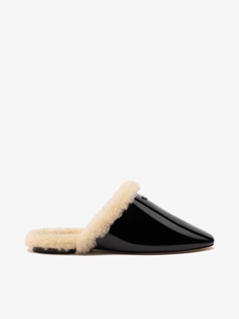 Larroudé Venice Flat Mule In Black Patent Leather And Natural Shearling