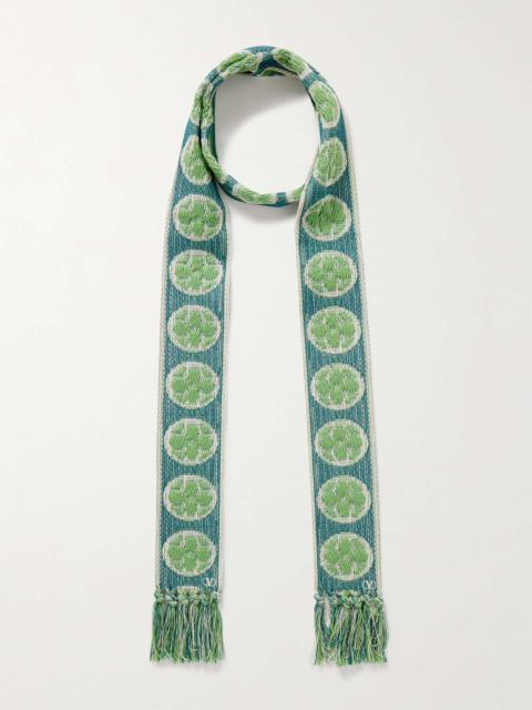Antibes fringed cotton-blend jacquard scarf Turquoise