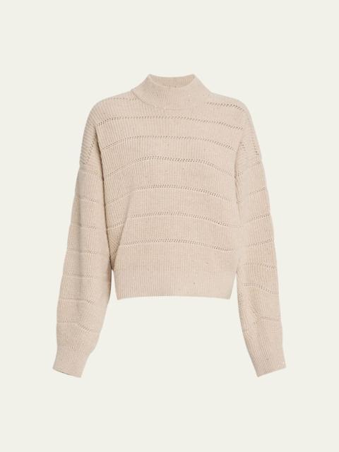 Brunello Cucinelli Mock-Neck Paillette Horizontal Open-Knit Sweater