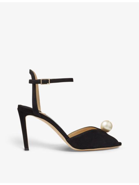 JIMMY CHOO Sacora 85 faux pearl-sphere suede heeled sandals