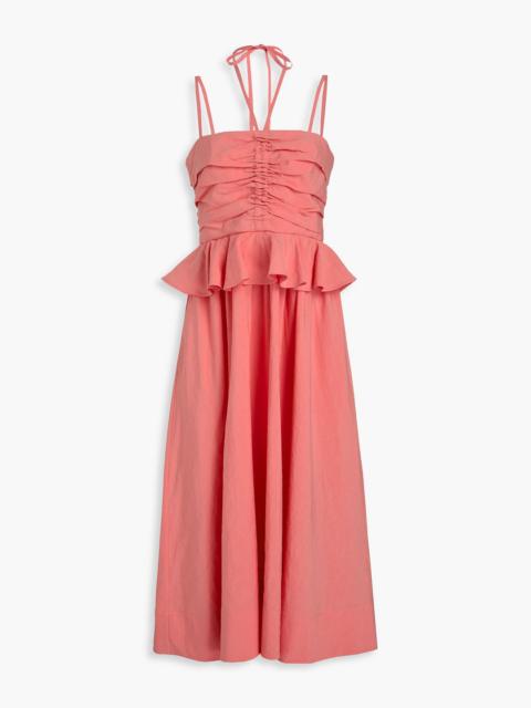 ULLA JOHNSON Anastasia ruched cotton, linen and silk-blend midi dress