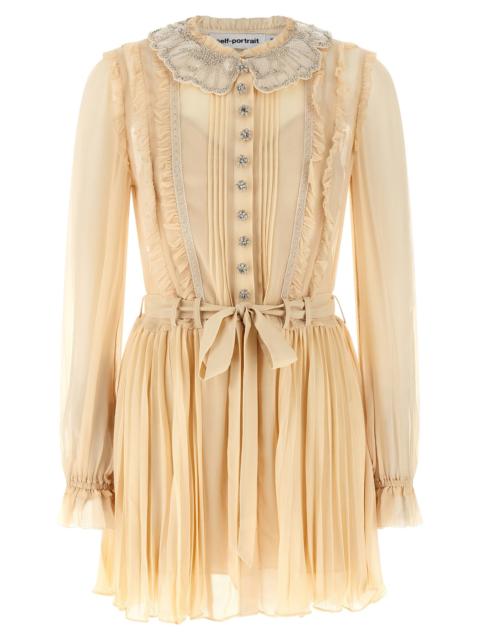 self-portrait Tan Pleated Georgette Mini Dresses Yellow