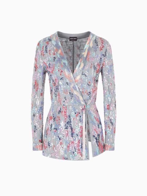 GIORGIO ARMANI LONG TULLE JACKET WITH ALL-OVER EMBROIDERY