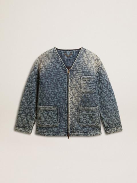 Golden Goose Women's blue quilted jacket in cotton denim with distressed finish