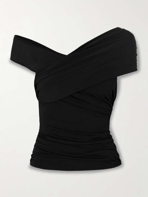 Sahara asymmetric gathered crepe-jersey top Black
