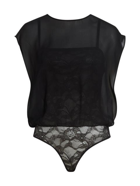 Alaïa Alaïa Georgette Overlay Lace Bodysuit in Noir Alaia at Nordstrom