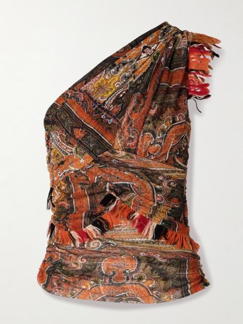 Isabel Marant Devona One-shoulder Fringed Wrap-effect Paisley-print Mesh Tank