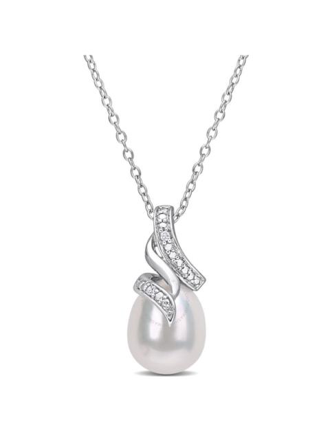 Other Designers AMOUR 8.5-9mm Freshwater Cultured Pearl and Diamond Accent Twisted Drop Pendant with Chain In Sterli