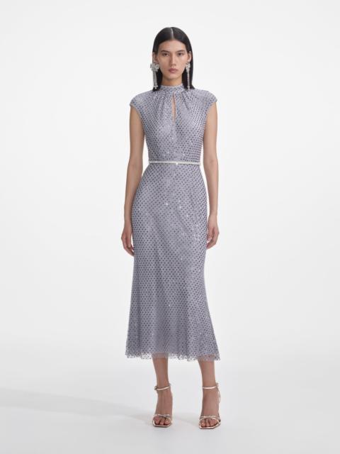 self-portrait Grey Rhinestone Fishnet Midi Dress