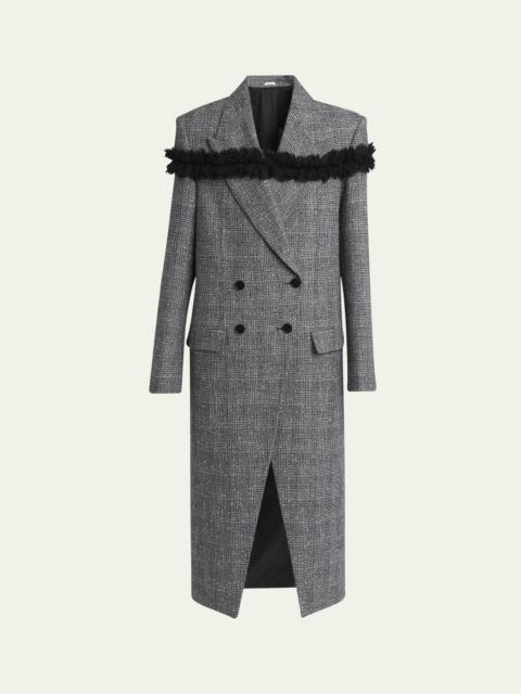 Ruffle Paillette Check Tweed Double-Breasted Long Coat