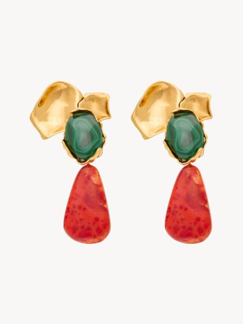 SAINT LAURENT PETAL PENDANT EARRINGS IN MALACHITE, RESIN, AND METAL