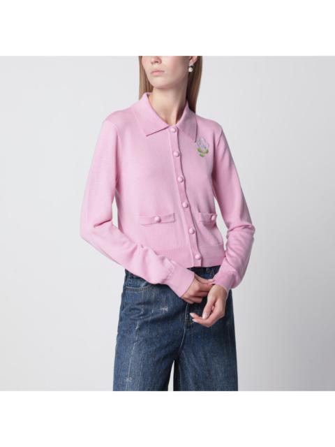 self-portrait Self Portrait Wool Knit Cardigan With Floral Embroidery In Pink Women