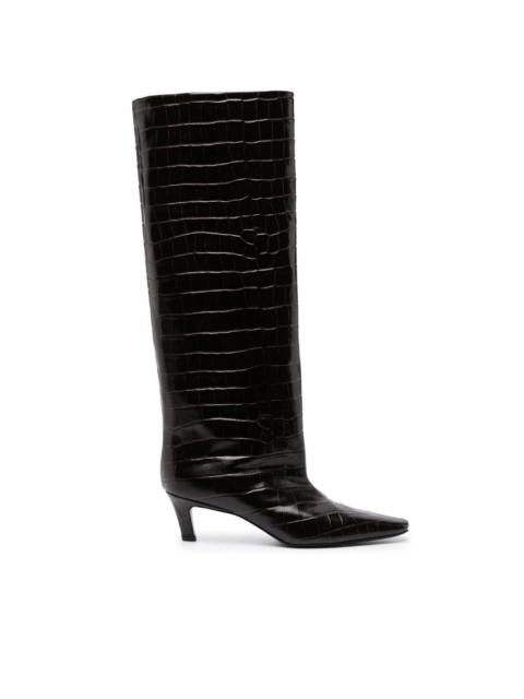 crocodile-embossed knee-high boots