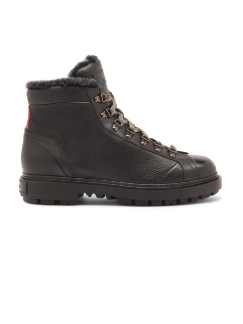 Santoni Men's black tumbled leather hiking boot with fur