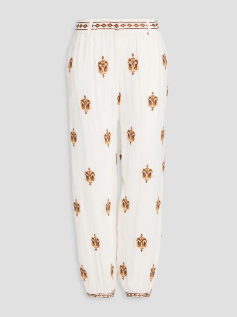 FARM RIO Cropped embroidered georgette tapered pants