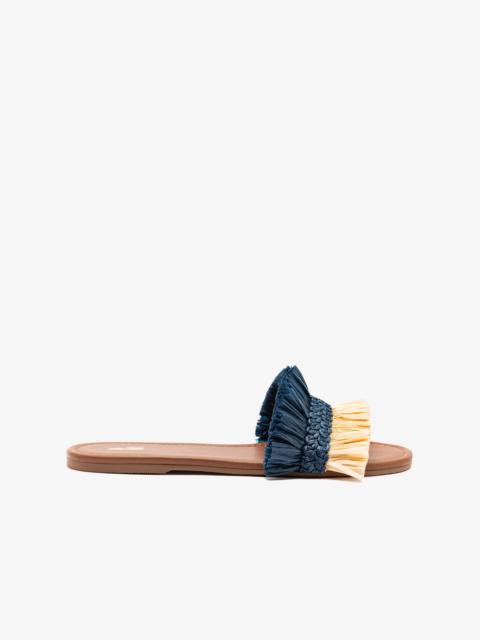 Larroudé Bahia Fringe Flat In Beige And Navy Raffia