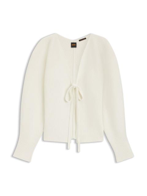 BOSS TIE-FRONT RIB-KNIT CARDIGAN WITH BALLOON SLEEVES