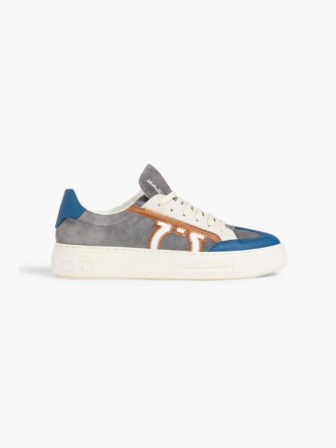 FERRAGAMO Gancini embroidered suede and pebbled-leather sneakers