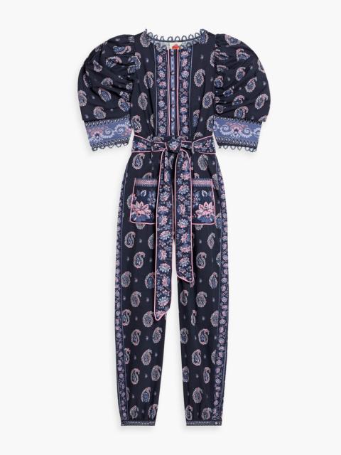 FARM RIO Crochet-trimmed printed cotton-poplin jumpsuit