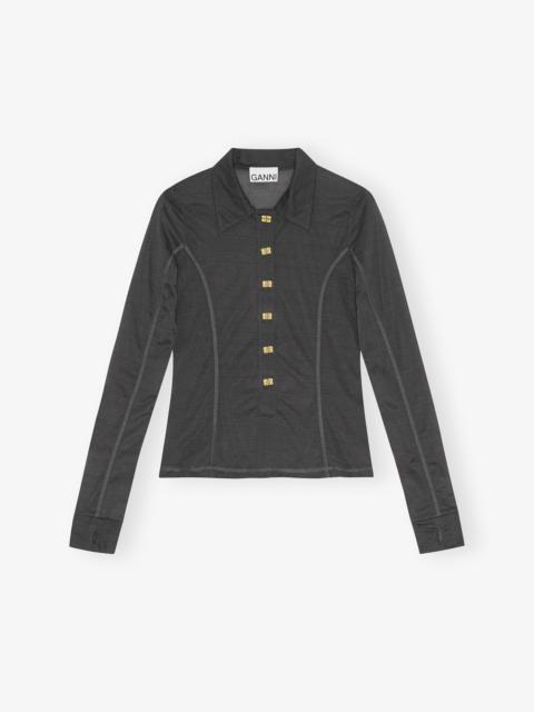 GANNI BLACK SHEER MESH JERSEY BUTTONED TOP