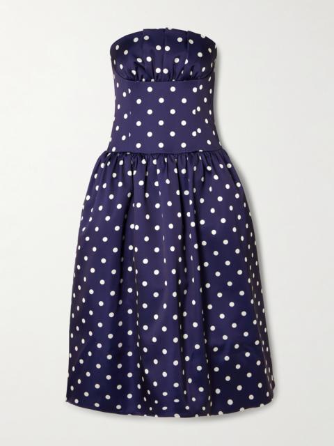 self-portrait Strapless Pleated Polka-dot Satin Midi Dress