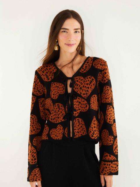 FARM RIO Black Leopard Hearts Front Ties Knit Cardigan