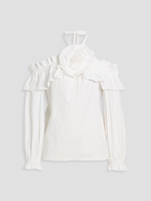CAROLINA HERRERA Cold-shoulder floral-appliquéd cotton-blend poplin top