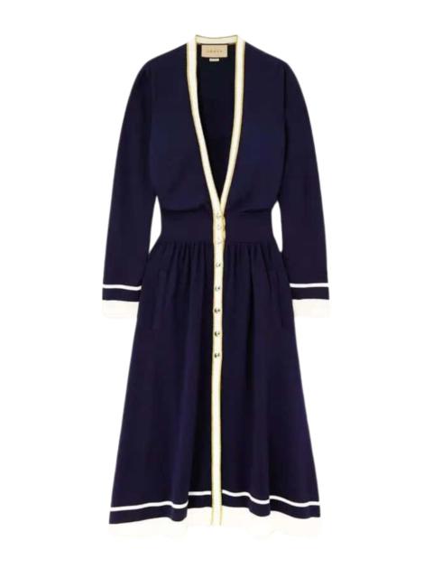 Button-Embellished Striped Wool Midi Dress
