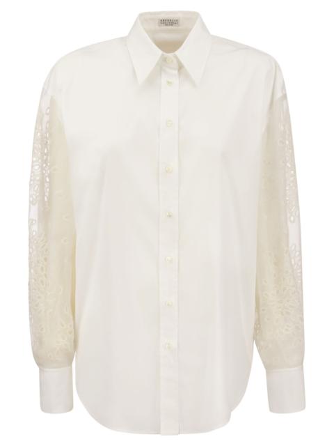 Brunello Cucinelli Women Stretch Cotton Poplin Shirt With Crispy Silk Broderie Anglaise Sleeve