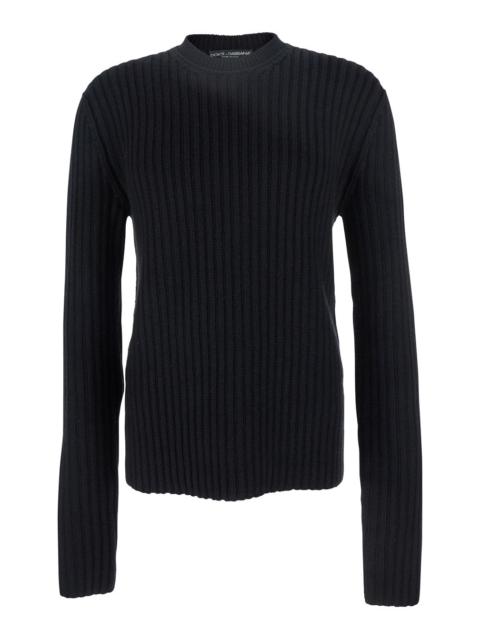 Dolce & Gabbana Dolce & Gabbana Men Black Ribbed Knit Crewneck Sweater With Logo Patch On The Rear In Wool Man