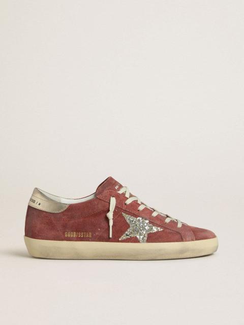 Golden Goose Women's Super-Star LTD in red suede with silver glitter star and laminated leather heel tab