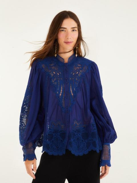 FARM RIO Navy Blue Guipure Blouse