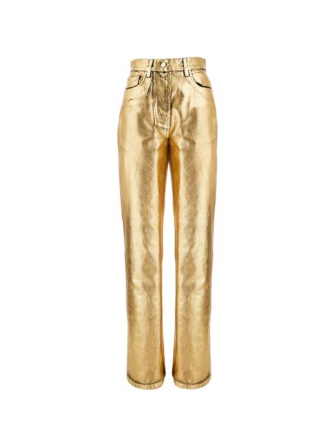 FERRAGAMO logo-patch metallic-finish high-waist trousers