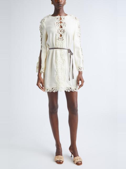 Zimmermann Zimmermann Awaken Long Sleeve Lace Trim Linen Minidress in Cream at Nordstrom